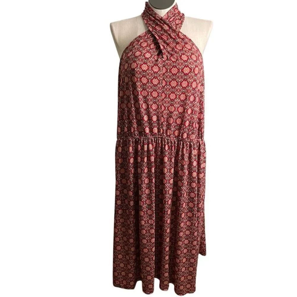 EShakti Womens Halter Midi Dress 3X Red Mosaic Capri Slinky Travel Friendly